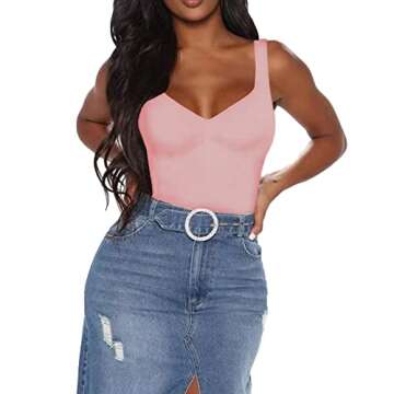 BelleLovin Women's Sweetheart Square V Neck sleeveless Tank Tops Bodysuits (Small, Pink)