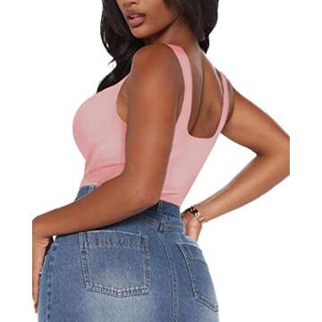 BelleLovin Women's Sweetheart Square V Neck sleeveless Tank Tops Bodysuits (Small, Pink)