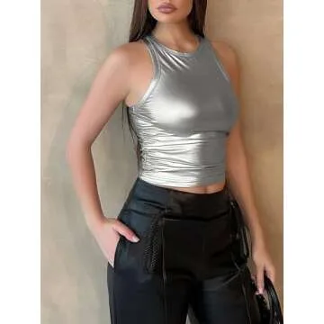 OYOANGLE Women's Metallic Ruched Round Neck Sleeveless Tank Top Y2K Slim Fitted Sports Casual Crop Tops Silver Small