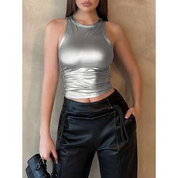 OYOANGLE Women's Metallic Ruched Round Neck Sleeveless Tank Top Y2K Slim Fitted Sports Casual Crop Tops Silver Small