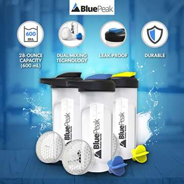 BluePeak Protein Shaker Bottle 28 oz with Dual Mixing Technology, Strong Loop Top, BPA Free, Shaker Balls & Mixing Grids Included - On-The-Go Large Protein Shakers (3 Pack - Yellow, Blue, Black)