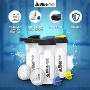 BluePeak Protein Shaker Bottle 28 oz with Dual Mixing Technology, Strong Loop Top, BPA Free, Shaker Balls & Mixing Grids Included - On-The-Go Large Protein Shakers (3 Pack - Yellow, Blue, Black)