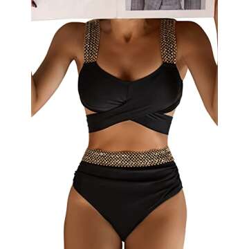 SweatyRocks Women's High Waisted Bikini Set Bathing Suit Criss Cross Two Piece Tie Back Bikini Swimsuit Set Black L