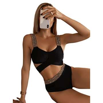 SweatyRocks Women's High Waisted Bikini Set Bathing Suit Criss Cross Two Piece Tie Back Bikini Swimsuit Set Black L