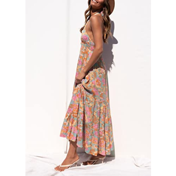 ZESICA Women's Summer Crossover Halter Neck Sleeveless Plaid Cut Out Backless Flowy A Line Maxi Dress