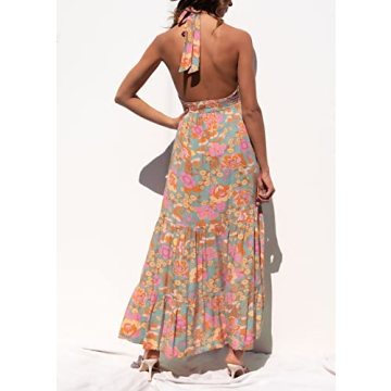 ZESICA Women's Summer Crossover Halter Neck Sleeveless Plaid Cut Out Backless Flowy A Line Maxi Dress