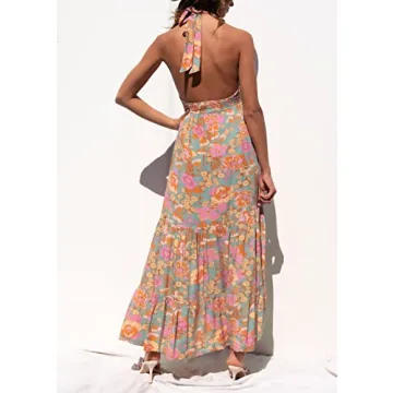 ZESICA Women's Summer Crossover Halter Neck Sleeveless Plaid Cut Out Backless Flowy A Line Maxi Dress