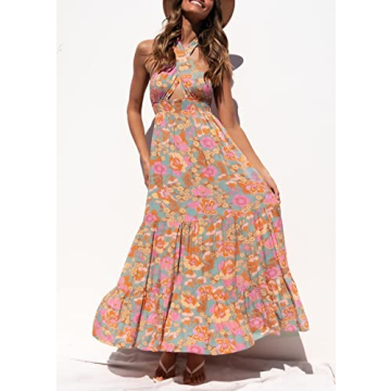 ZESICA Women's Summer Crossover Halter Neck Sleeveless Plaid Cut Out Backless Flowy A Line Maxi Dress