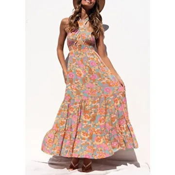 ZESICA Women's Summer Crossover Halter Neck Sleeveless Plaid Cut Out Backless Flowy A Line Maxi Dress