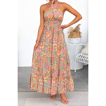 ZESICA Women's Summer Crossover Halter Neck Sleeveless Plaid Cut Out Backless Flowy A Line Maxi Dress