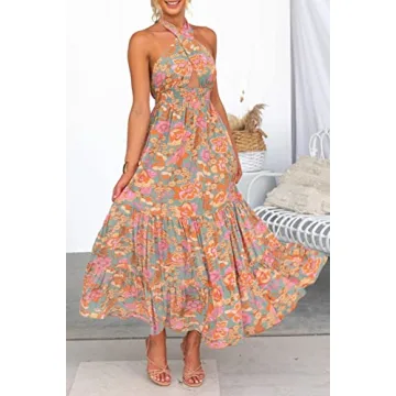 ZESICA Women's Summer Crossover Halter Neck Sleeveless Plaid Cut Out Backless Flowy A Line Maxi Dress