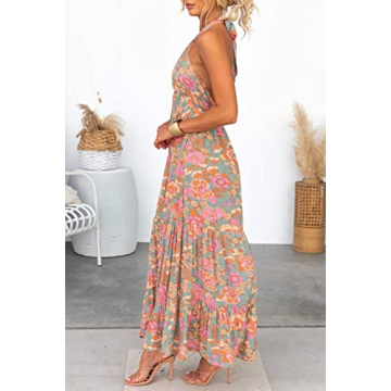 ZESICA Women's Summer Crossover Halter Neck Sleeveless Plaid Cut Out Backless Flowy A Line Maxi Dress