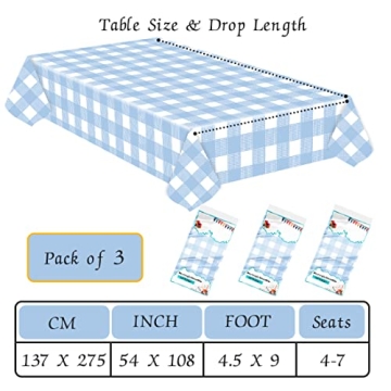 Light Blue Gingham Tablecloth 3 Pack for Parties Weddings