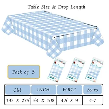 Light Blue Gingham Tablecloth 3 Pack for Parties Weddings
