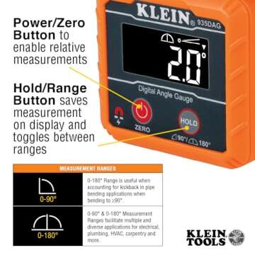 Klein Tools 935DAG Digital Electronic Level and Angle Gauge, Measures 0 - 90 and 0 - 180 Degree Ranges, Measures and Sets Angles