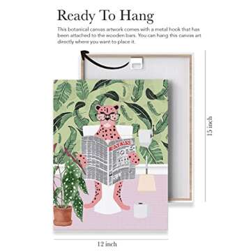 EVXID Pink Cheetah on Toilet Reading Newspaper Canvas Poster Painting Wall Art, Cheetah Bathroom Picture Print Artwork Framed Ready to Hang for Restroom Wall Decor 12 x 15 inch