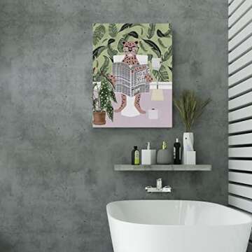 EVXID Pink Cheetah on Toilet Reading Newspaper Canvas Poster Painting Wall Art, Cheetah Bathroom Picture Print Artwork Framed Ready to Hang for Restroom Wall Decor 12 x 15 inch