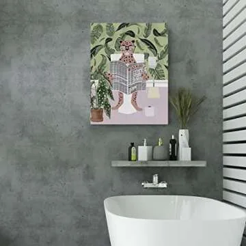 EVXID Pink Cheetah on Toilet Reading Newspaper Canvas Poster Painting Wall Art, Cheetah Bathroom Picture Print Artwork Framed Ready to Hang for Restroom Wall Decor 12 x 15 inch