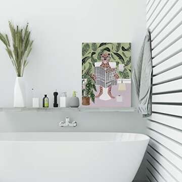 EVXID Pink Cheetah on Toilet Reading Newspaper Canvas Poster Painting Wall Art, Cheetah Bathroom Picture Print Artwork Framed Ready to Hang for Restroom Wall Decor 12 x 15 inch