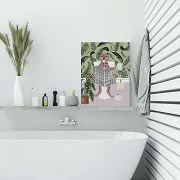 EVXID Pink Cheetah on Toilet Reading Newspaper Canvas Poster Painting Wall Art, Cheetah Bathroom Picture Print Artwork Framed Ready to Hang for Restroom Wall Decor 12 x 15 inch