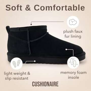 CUSHIONAIRE Women's Hip 2 Genuine Suede Ankle Snow Boots - Pull-On with Cozy Faux Shearling Lining, +Memory Foam, Winter Boots For Women, Black 9.5