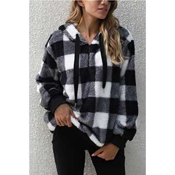 SENSERISE Womens Fuzzy Fleece Hoodie Tie Dye Plaid Sherpa Pullover Oversized Sweatshirt With Pockets (Black Plaid,3XL)