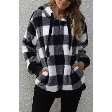 SENSERISE Womens Fuzzy Fleece Hoodie Tie Dye Plaid Sherpa Pullover Oversized Sweatshirt With Pockets (Black Plaid,3XL)
