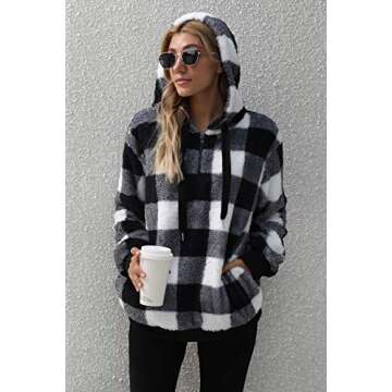 SENSERISE Womens Fuzzy Fleece Hoodie Tie Dye Plaid Sherpa Pullover Oversized Sweatshirt With Pockets (Black Plaid,3XL)