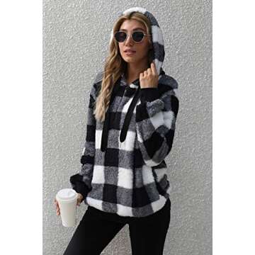 SENSERISE Womens Fuzzy Fleece Hoodie Tie Dye Plaid Sherpa Pullover Oversized Sweatshirt With Pockets (Black Plaid,3XL)
