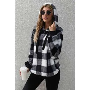 SENSERISE Womens Fuzzy Fleece Hoodie Tie Dye Plaid Sherpa Pullover Oversized Sweatshirt With Pockets (Black Plaid,3XL)