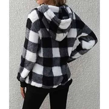 SENSERISE Womens Fuzzy Fleece Hoodie Tie Dye Plaid Sherpa Pullover Oversized Sweatshirt With Pockets (Black Plaid,3XL)