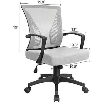 KaiMeng Ergonomic Grey Office Clearance Mesh Computer Lumbar Support Mid Back Study Desk Modern Executive Task Chair Cheap Adjustable Swivel, 19.8" x 19.8" x 38.8"