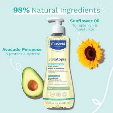 Mustela Stelatopia Eczema-Prone Skin Cleansing Oil - Baby Body Wash with Natural Avocado & Sunflower Oil - Family Skin Care Essentials - EWG Verified - Fragrance-Free & Tear Free - 16.9 fl. oz.