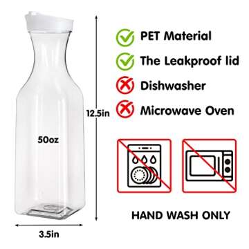 Tomnk 4pcs 50oz Juice Containers with Lids, Plastic Water Carafe with Lid, Square Base Water Containers, Mimosa Bar Supplies Beverage Pitcher for Water, Tea, Juice, Milk, Lemonade and Other Beverages