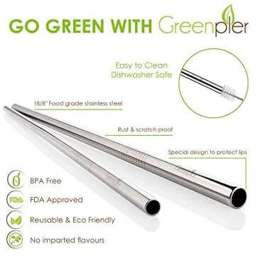 Reusable Stainless Steel Drinking Straws with Silicone Tips - Set of 8 10.5 & 8.5 Inch Diameter 0.31&0.24", 2 Long Cleaning Brushes, Eco Bag - Metal Straws For 20-30oz Yeti RTIC Ozark Tervis Tumblers