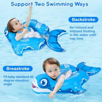 Baby Swimming Pool Floats with Canopy Bule Shark Inflatable Infant Pool Float UPF 50+ UV Sun Protection and Anti-flip Tail for 3-36 Months Kids Swim Ring Water Toys Summer Pool Toys for Boys Girls