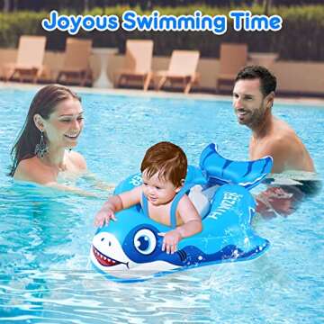 Baby Swimming Pool Floats with Canopy Bule Shark Inflatable Infant Pool Float UPF 50+ UV Sun Protection and Anti-flip Tail for 3-36 Months Kids Swim Ring Water Toys Summer Pool Toys for Boys Girls