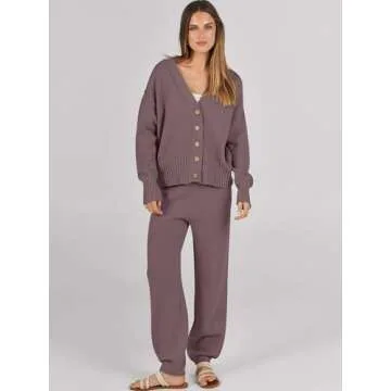 Caracilia Womens 2 Piece Outfits Lounge Set V Neck Cardigan Sweater Pants Sets Knit Matching Loungew...