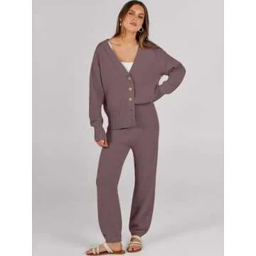 Caracilia Womens 2 Piece Outfits Lounge Set V Neck Cardigan Sweater Pants Sets Knit Matching Loungewear 2024 Fall Clothes Nutmeg Medium