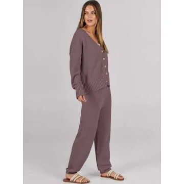 Caracilia Womens 2 Piece Outfits Lounge Set V Neck Cardigan Sweater Pants Sets Knit Matching Loungewear 2024 Fall Clothes Nutmeg Medium