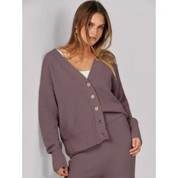 Caracilia Womens 2 Piece Outfits Lounge Set V Neck Cardigan Sweater Pants Sets Knit Matching Loungewear 2024 Fall Clothes Nutmeg Medium