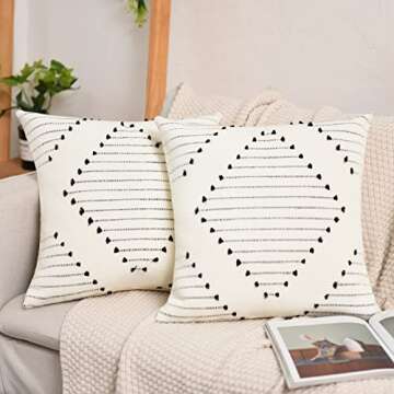 ARBINSON Boho Pillow Covers 18x18 Set of 2, Woven Black Textured Rustic Modern Throw Pillow Cover Farmhouse Decorative Cushion Case for Sofa Couch Bed Living Room (18" x 18", Black/Rhombus)