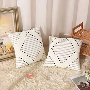 ARBINSON Boho Pillow Covers 18x18 Set of 2, Woven Black Textured Rustic Modern Throw Pillow Cover Farmhouse Decorative Cushion Case for Sofa Couch Bed Living Room (18" x 18", Black/Rhombus)