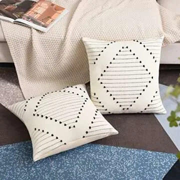 ARBINSON Boho Pillow Covers 18x18 Set of 2, Woven Black Textured Rustic Modern Throw Pillow Cover Farmhouse Decorative Cushion Case for Sofa Couch Bed Living Room (18" x 18", Black/Rhombus)