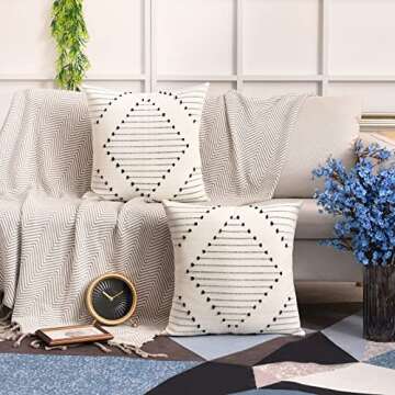 ARBINSON Boho Pillow Covers 18x18 Set of 2, Woven Black Textured Rustic Modern Throw Pillow Cover Farmhouse Decorative Cushion Case for Sofa Couch Bed Living Room (18" x 18", Black/Rhombus)