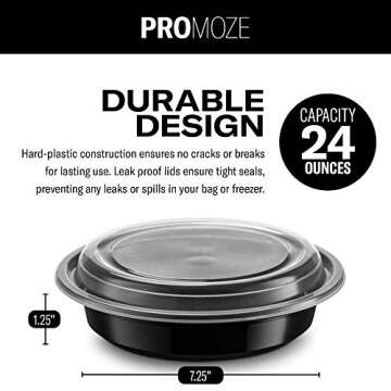PROMOZE 50-Pack Reusable Meal Prep Containers Microwave Safe Food Storage Containers with Lids, 24 oz Round Take Out Plastic Bento Lunch Box To Go Meal Prep Bowls, BPA-Free, Freezer Dishwasher Safe