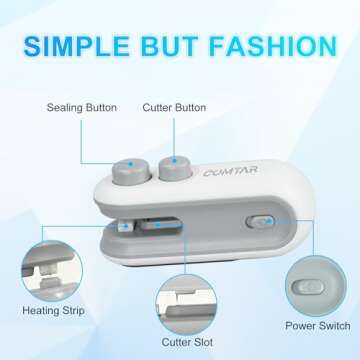 Mini Bag Sealer, Portable 2-in-1 Heat Sealer with USB-C Charging, Magnetic Design, Compact Snack Sealer and Cutter for Chips and Fresh Food