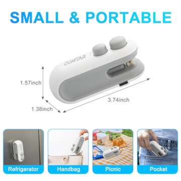 Mini Bag Sealer, Portable 2-in-1 Heat Sealer with USB-C Charging, Magnetic Design, Compact Snack Sealer and Cutter for Chips and Fresh Food