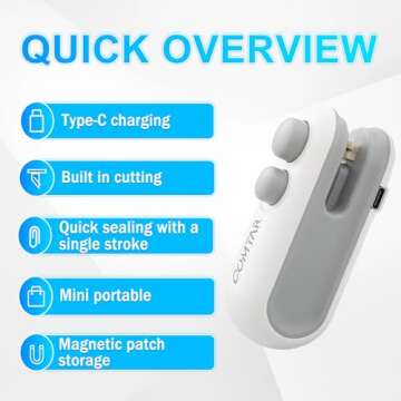 Mini Bag Sealer, Portable 2-in-1 Heat Sealer with USB-C Charging, Magnetic Design, Compact Snack Sealer and Cutter for Chips and Fresh Food