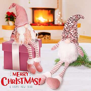 HMASYO Pink Couple Christmas Swedish Gnomes - 2Packs Handmade Swedish Tomte Santa Figurine Plush Elf with Sequin Hat, Long Leg Gnomes Plush Elf Xmas Decor Thanksgiving